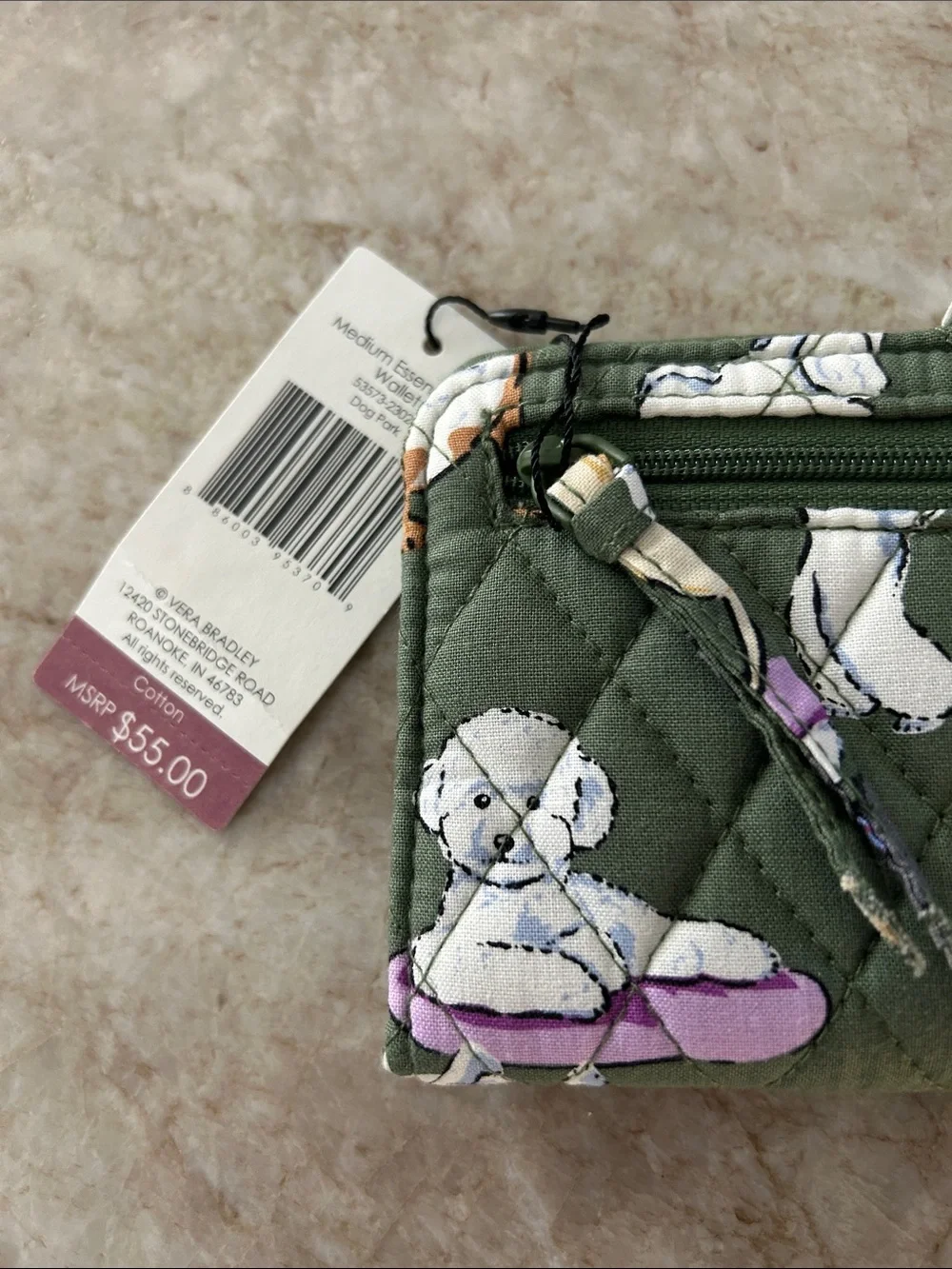 Vera Bradley Olive Green Quilted Wallet with Multicolor Dog Motif - Picture 2 of 5